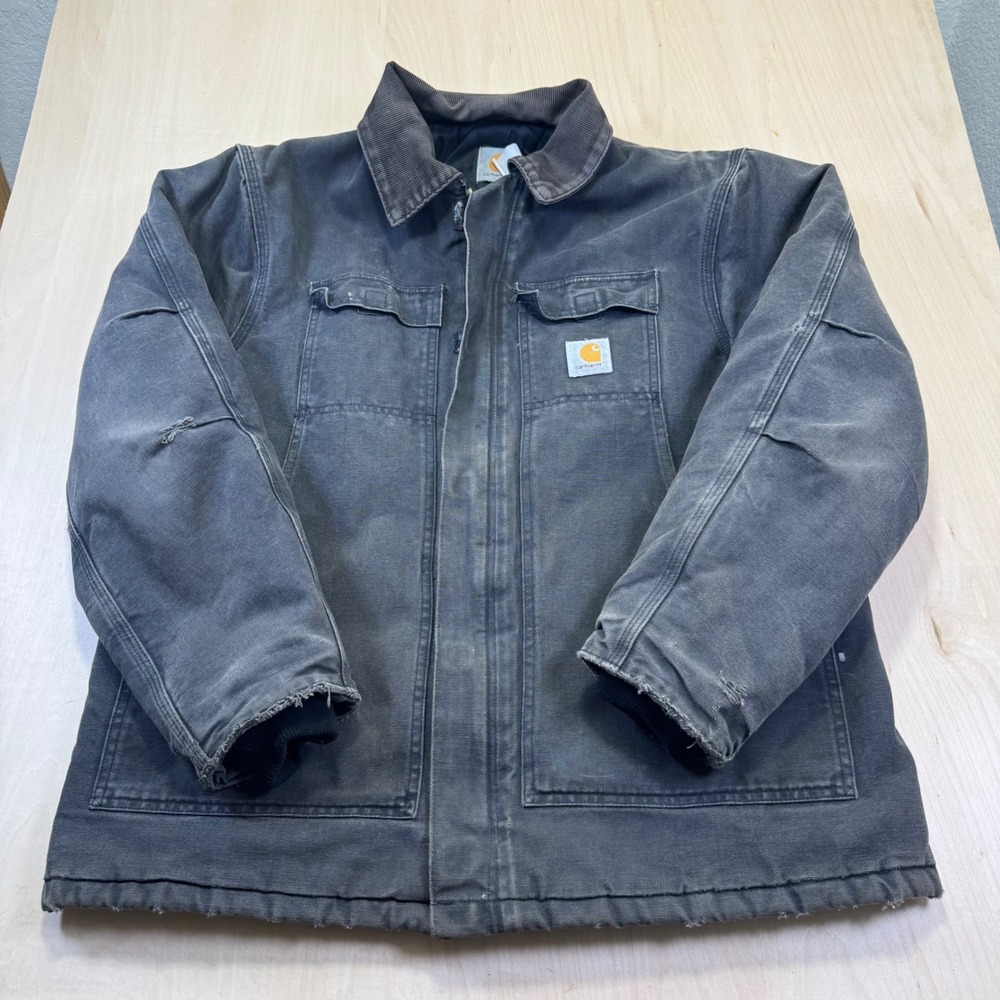 Carhartt Mens Work CQ185 Coat Jacket Quilted Lined Black Faded Distressed